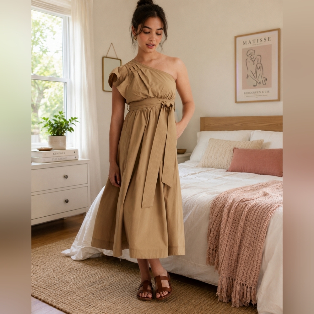 Madewell Ruffled One-Shoulder Midi Dress OLIVE SURPLUS, Size 2